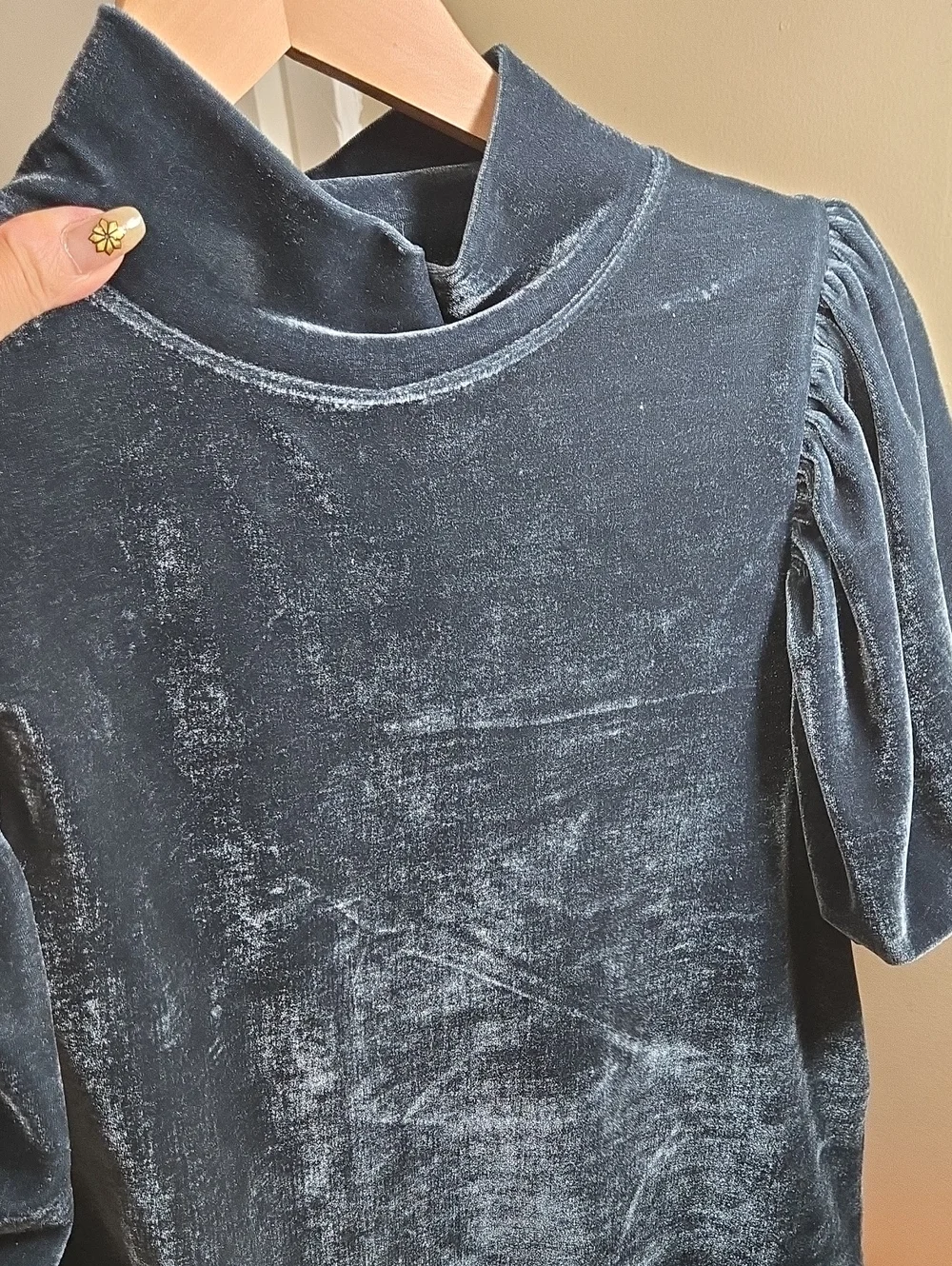 Free People Blue Claudia Velvet Puff-Sleeve Mock Neck Top Size Small